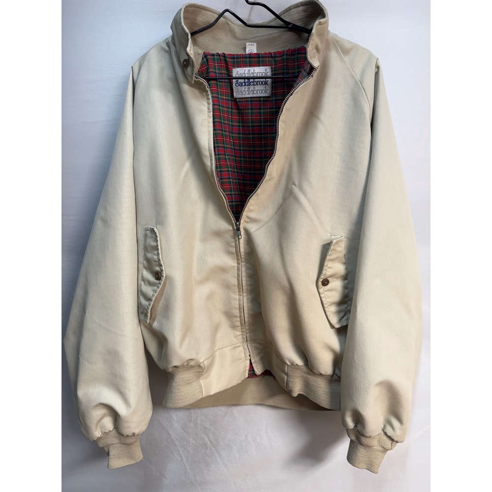 Vintage Saddlebrook Harrington Jacket XL Beige Plaid Lined Bomber Made in USA